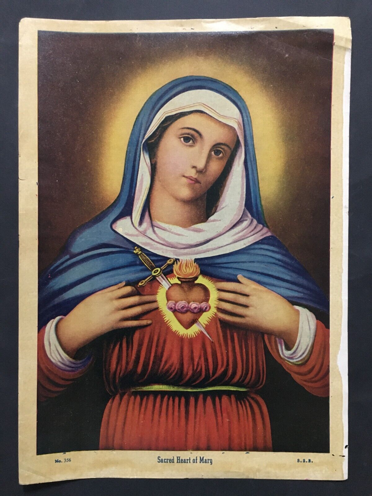 India 50\'s Vintage Print SACRED HEART OF MARY 10in x 14in (11812)
