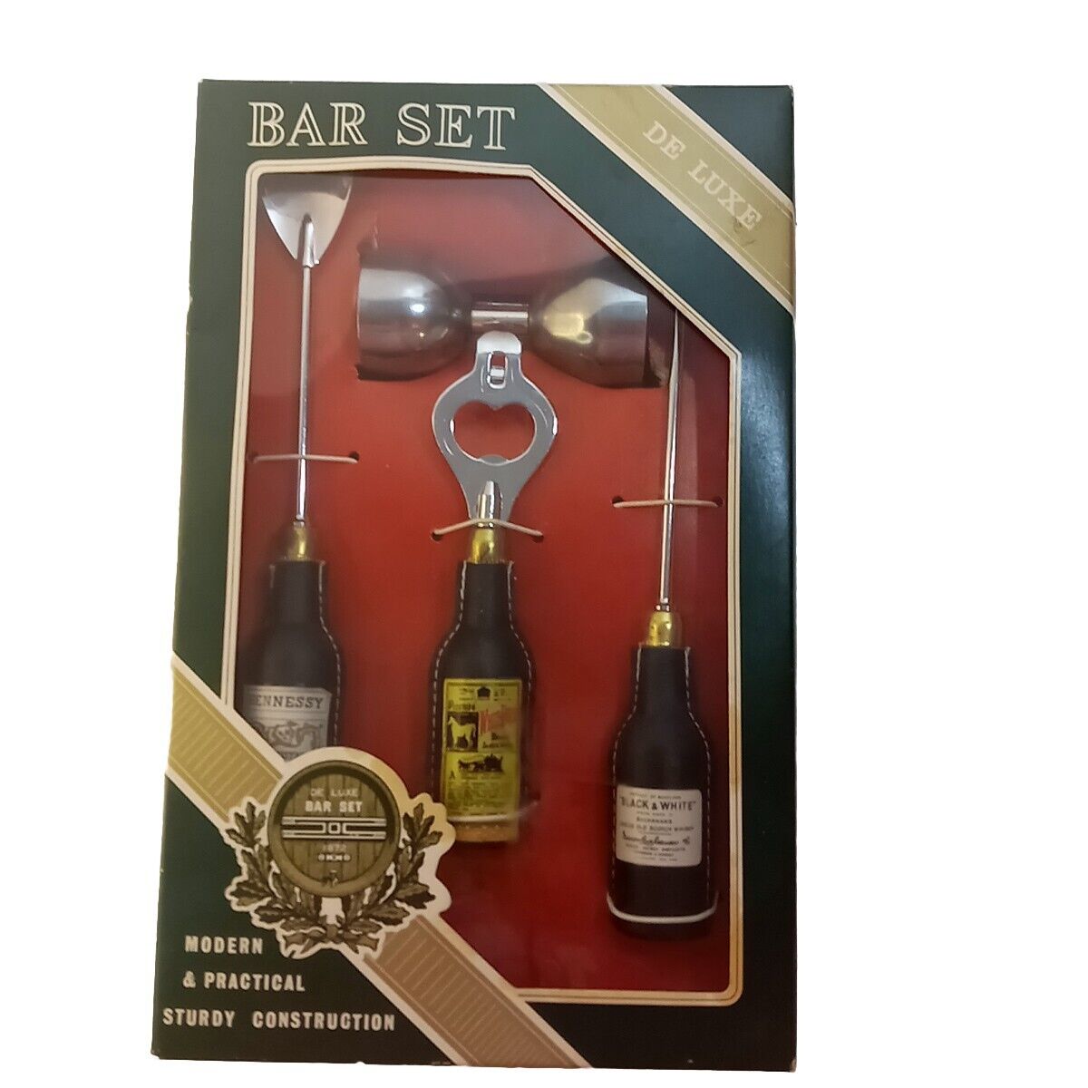 Vintage DeLuxe MCM 4 Piece Bar Utensil Set Bottle Opener Shaker Spoon Pick 