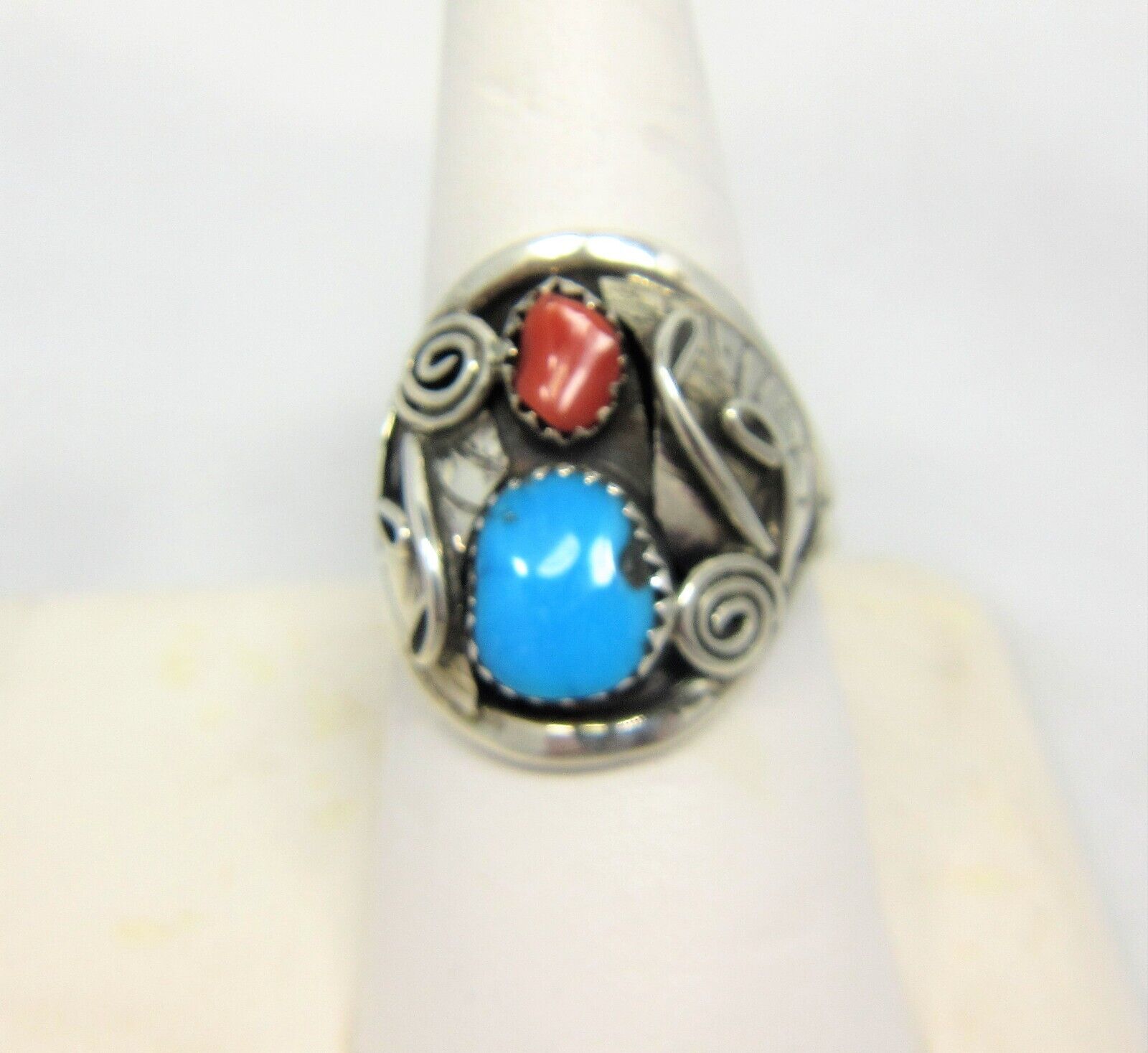 Native Turquoise Coral Ring Size 10 1/2 Signed B Sterling Silver Navajo #40