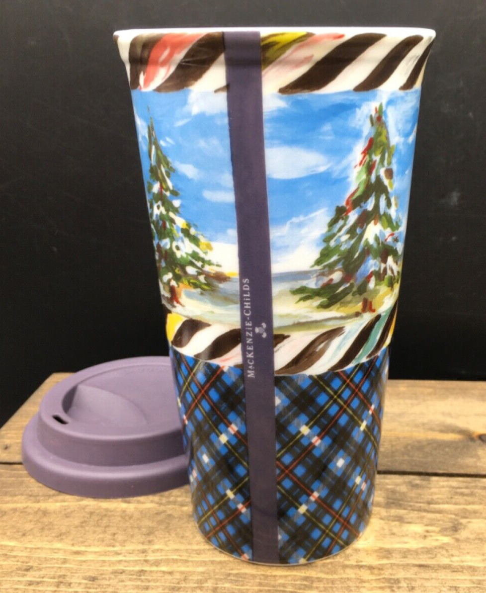 Mackenzie Childs Highbanks 7.25” tall 3.5” dia 14 oz winter travel mug with lid