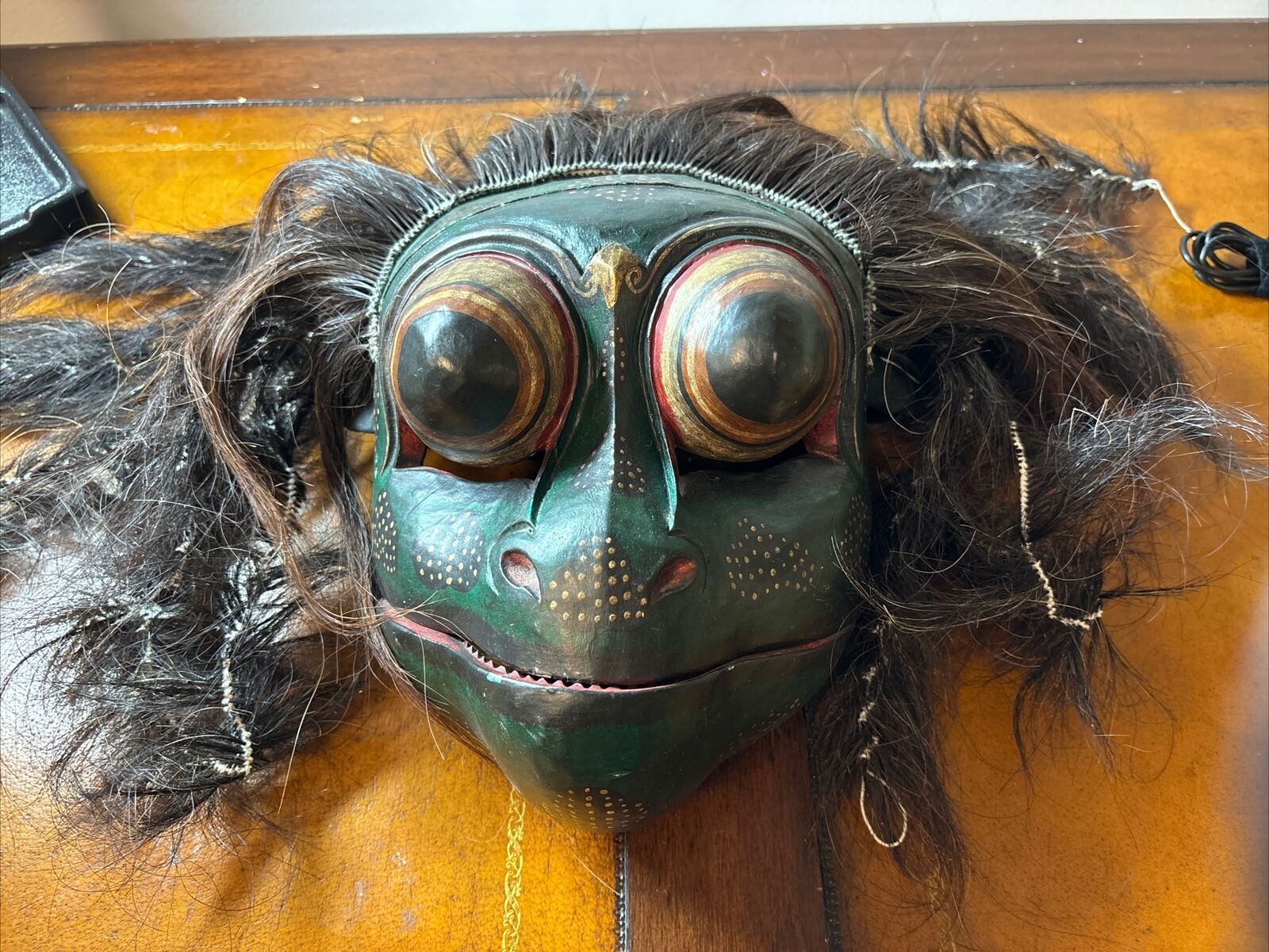 Vintage Indonesian Godogan Frog Mask Carved Wood Balinese Ox Hair & Hinged Mouth