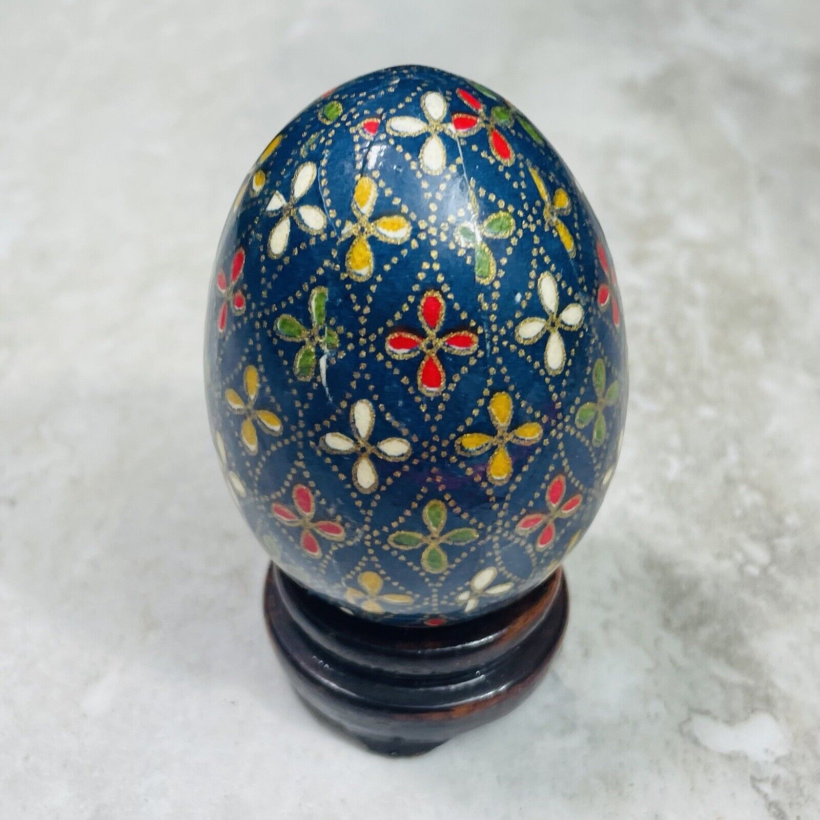 Vintage Blue Wood Enamel Floral Gold  Painted Egg Decor 2.25” Lacquer No Stand