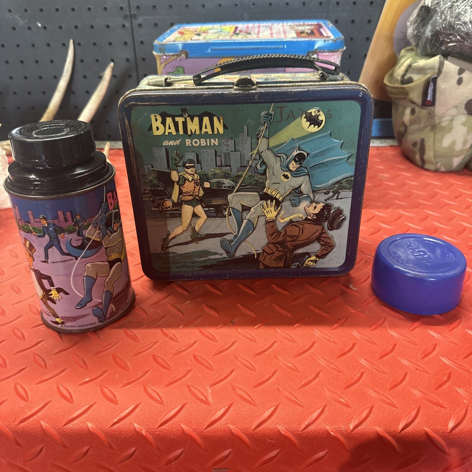 1966  ALADDIN Batman and Robin Tin Lunch Box C/W Thermos & Lid Made In Tenn🔥