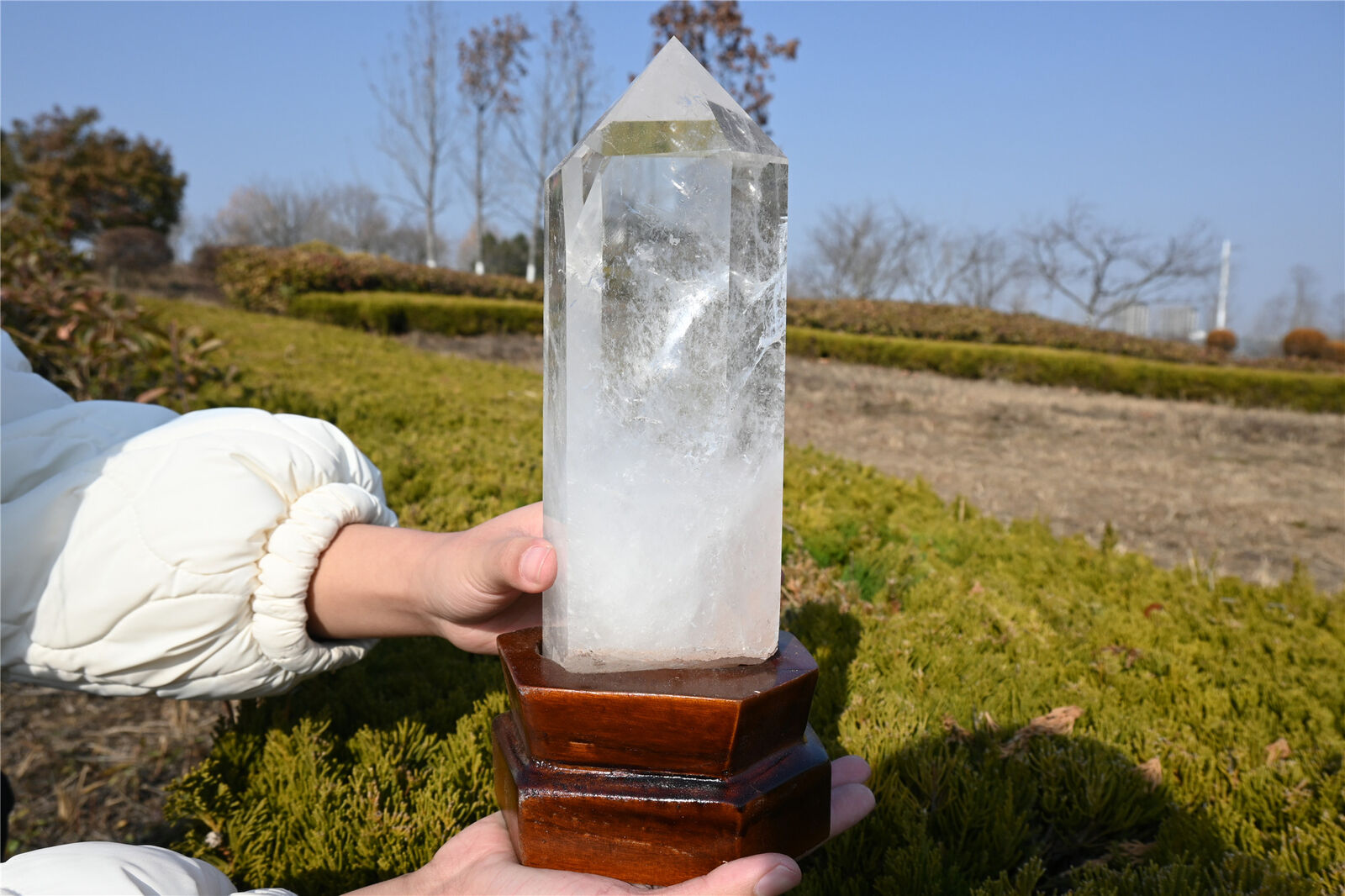 5.47LB top natural clear quartz obelisk crystal point wand healing+stand XA5531