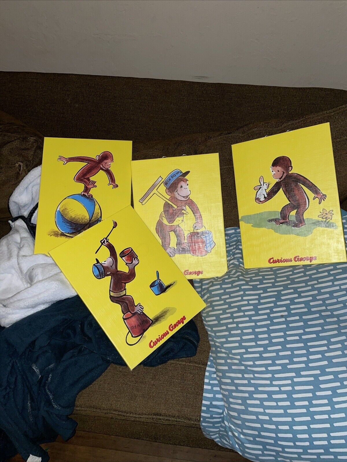 Vintage Curious George Wall Art Wood Decor Set Series of 4 cartoon pictures