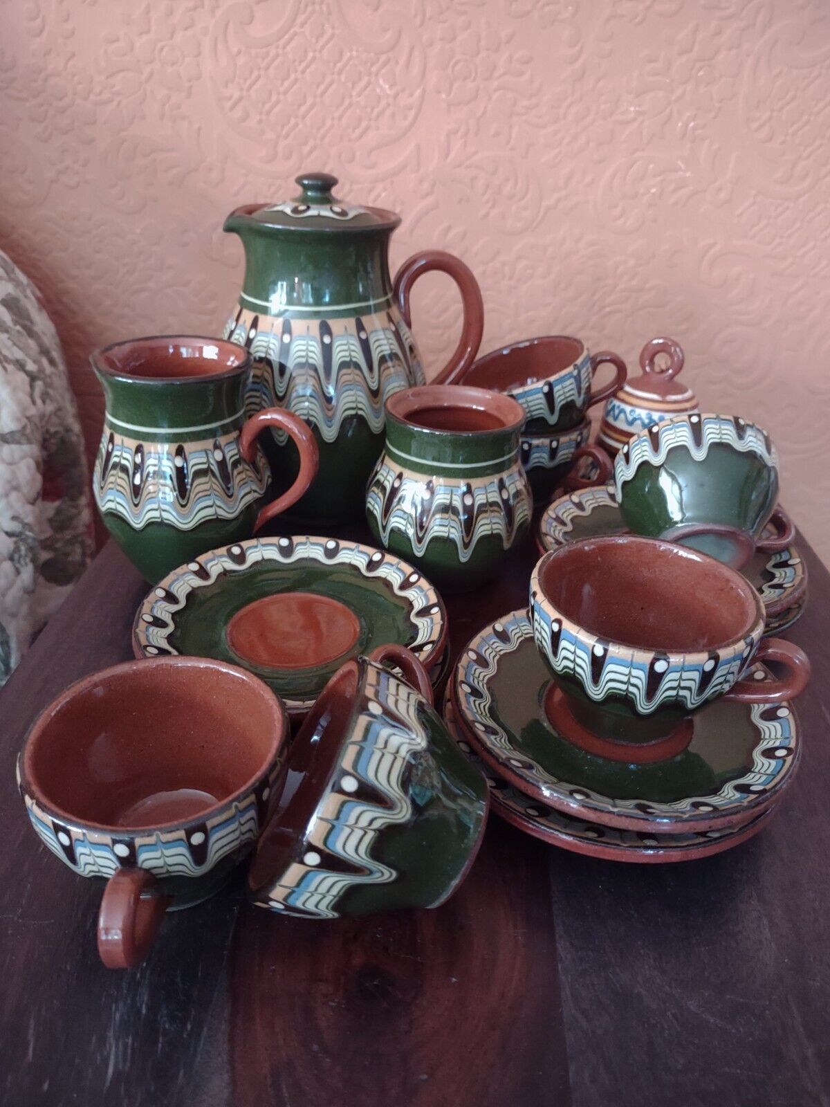 Vintage Exquisite Handmade Bulgarian Troyan Drip Glace Redware Pottery Tea Set 