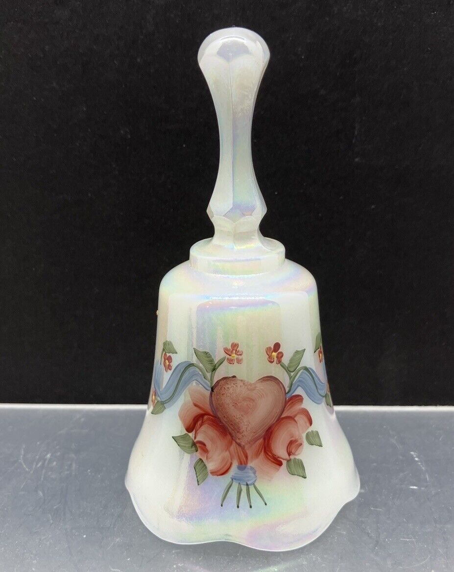 Fenton Bell Signed C Griffith Iridescent Milk Glass Pink Heart Floral 4.5”