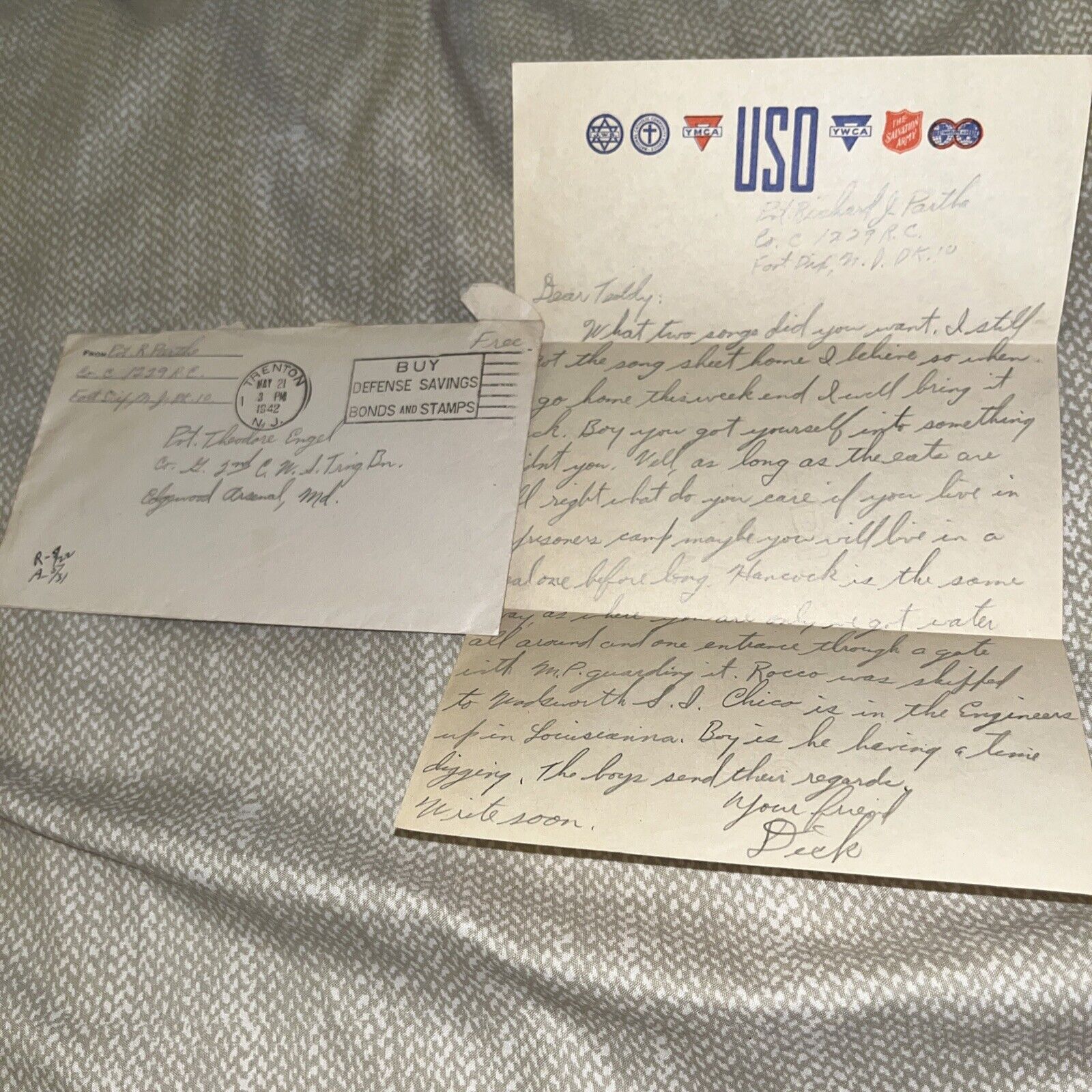 1942 WWII Letter Ft Dix To Edgewood Arsenal MD: USO Letterhead Prisoner’s Camp