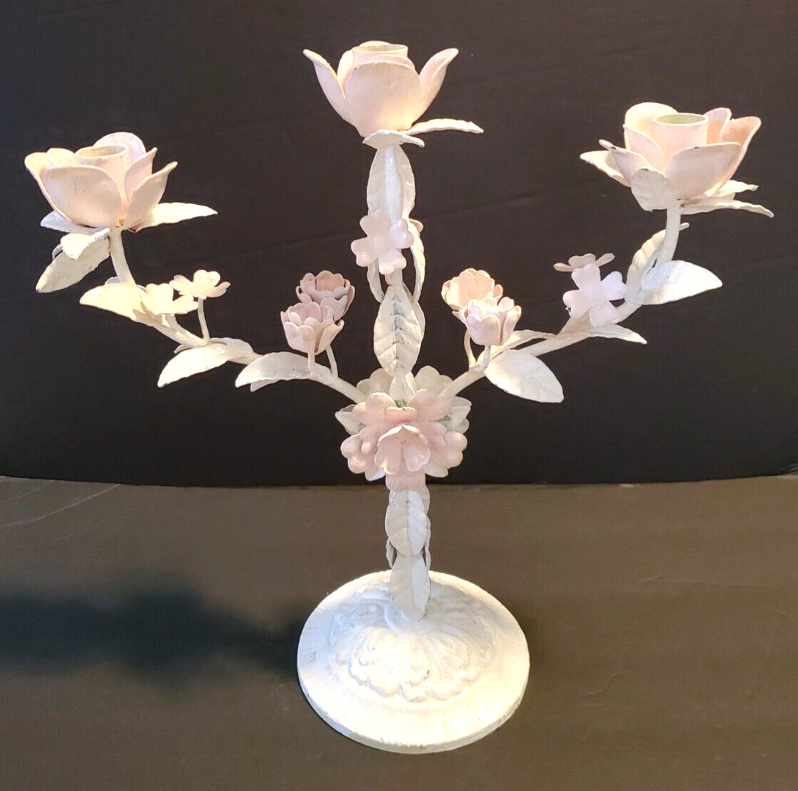 White & Pink Floral Toleware Candelabra for 3 Tapered Candles 14.5\