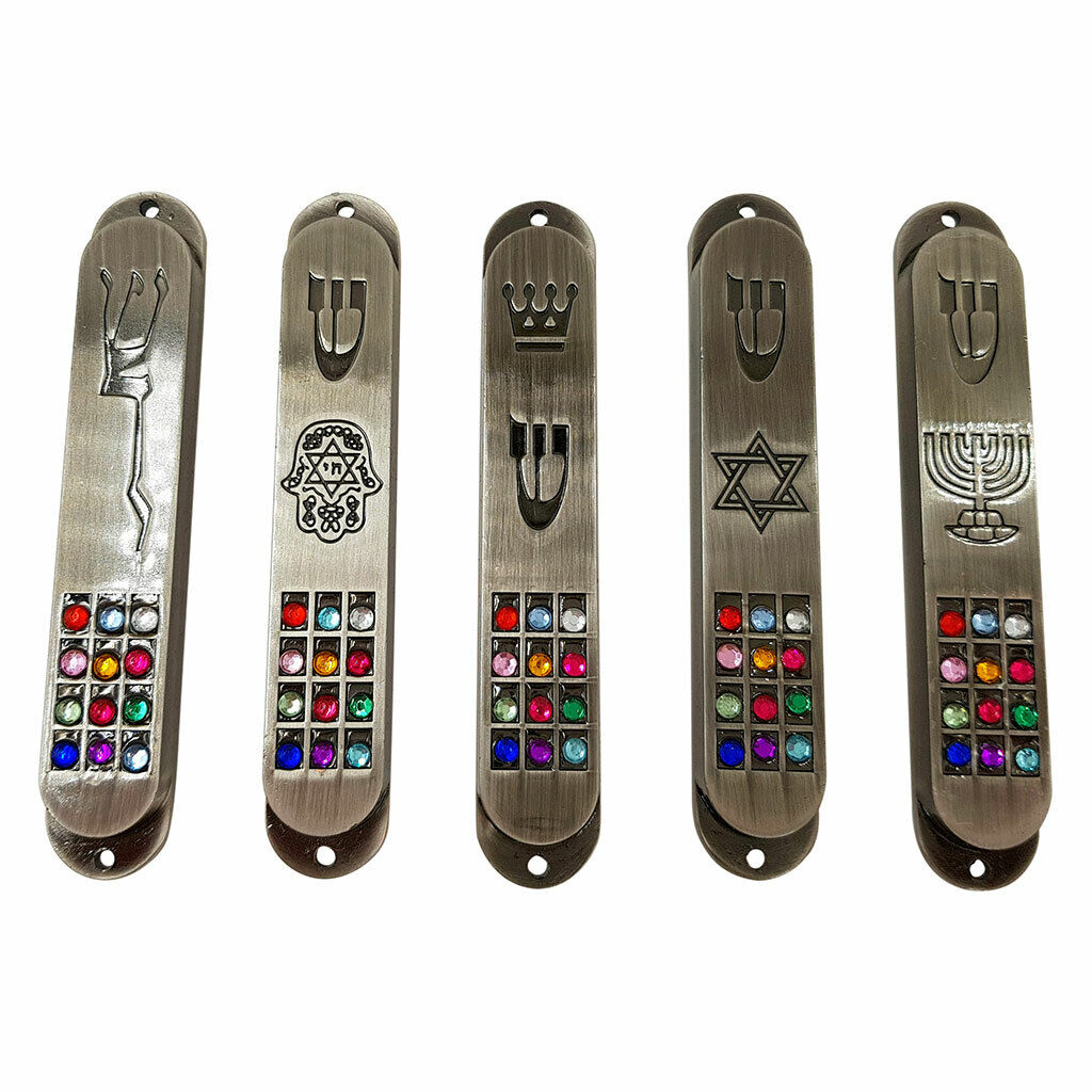 Set of 5 Pewter Mezuzah Case with Scroll Tribes of Israel Priestly Breastplate