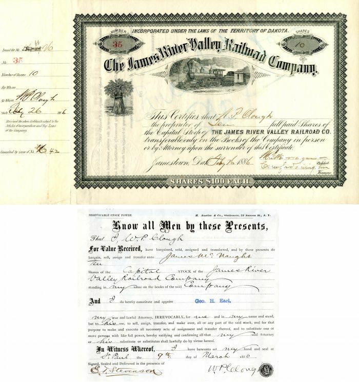 James River Valley Railroad Co. signed by Clough, Merriam and Livingston - Autog
