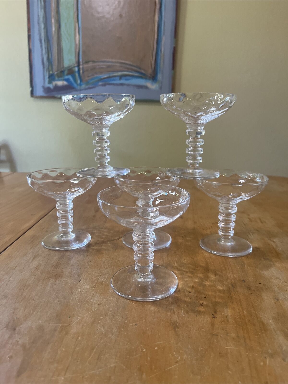 6 VNTG  crystal saucer coupe CHAMPAGNE GLASSES BRYCE dimple optic wafer stem