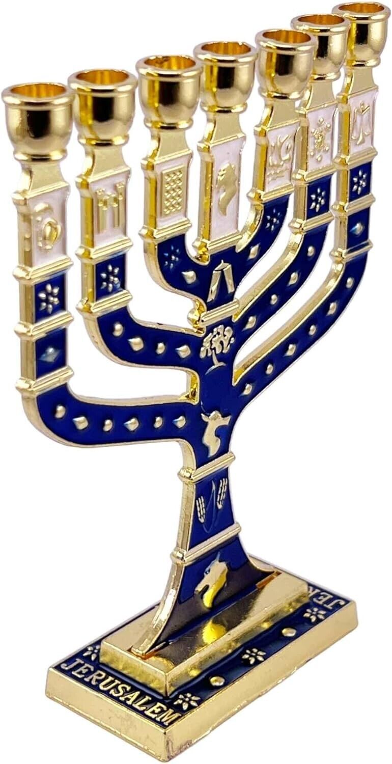 Gold-Blue Enamel Jewish Hanukkah Menorah for 7 Candle from Jerusalem 5\