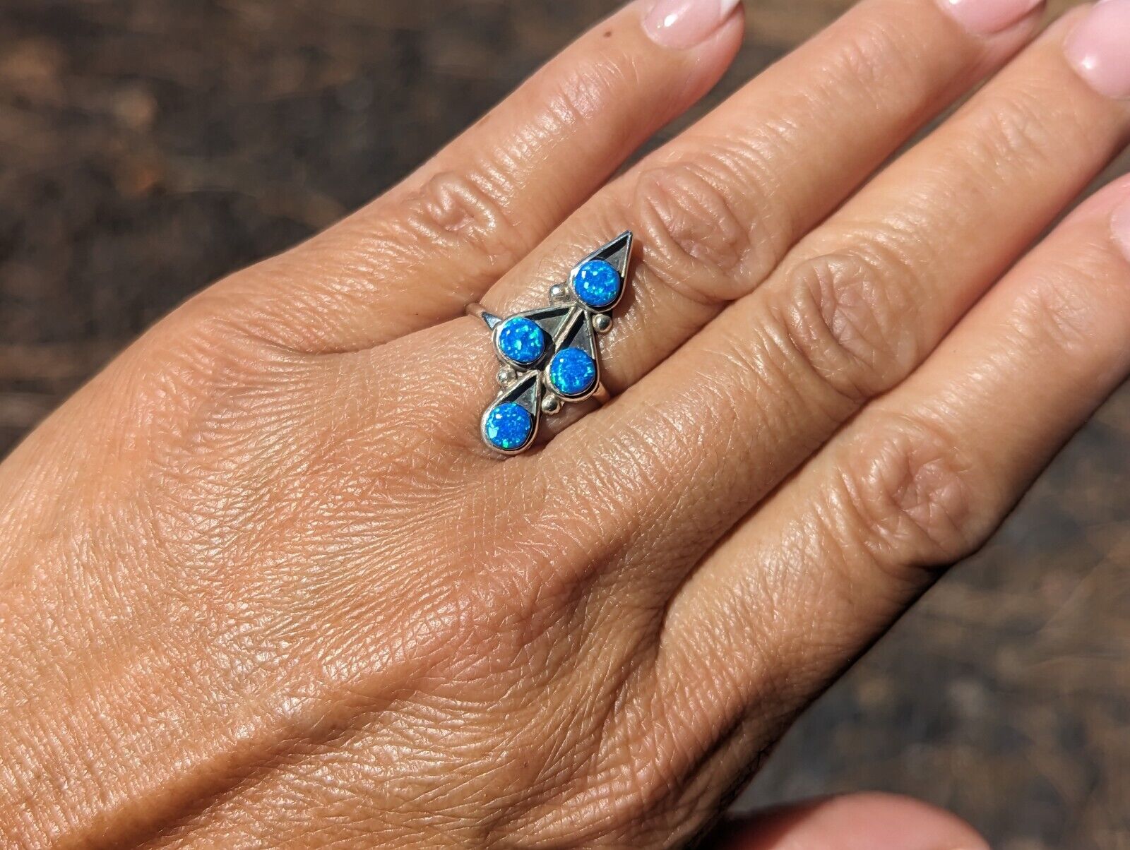 Zuni Ring Spearhead Manmade Blue Opal Stone Signed NA Silver Jewelry Sz 7
