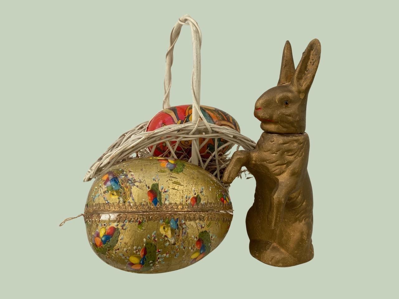 Antique German Paper Mache Candy Containers Gold Rabbit & Eggs w/EASTER Basket 4