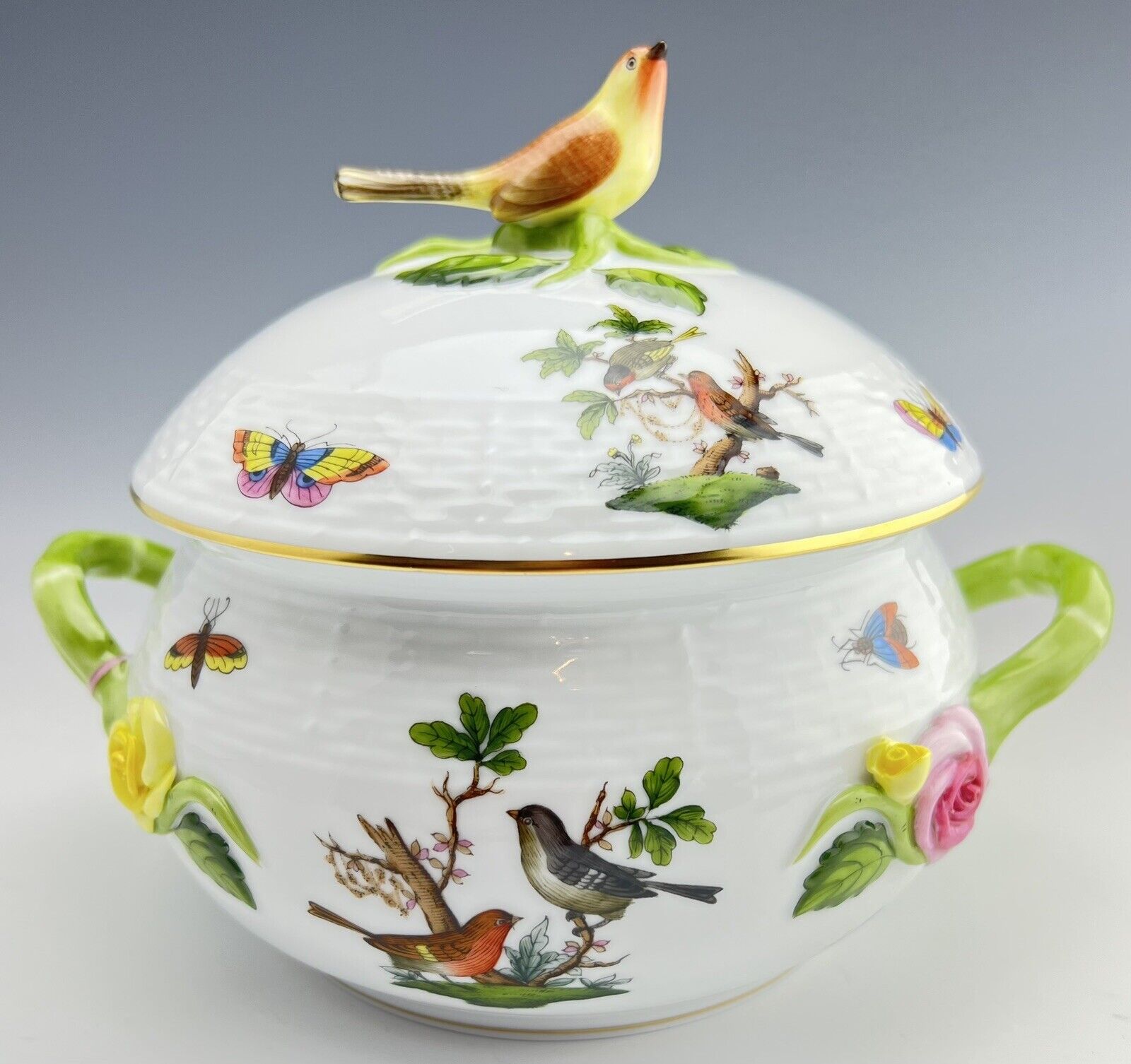 🦋MINT HEREND Rothschild Bird Vegetable Tureen Dish Flowers & Asparagus Handles