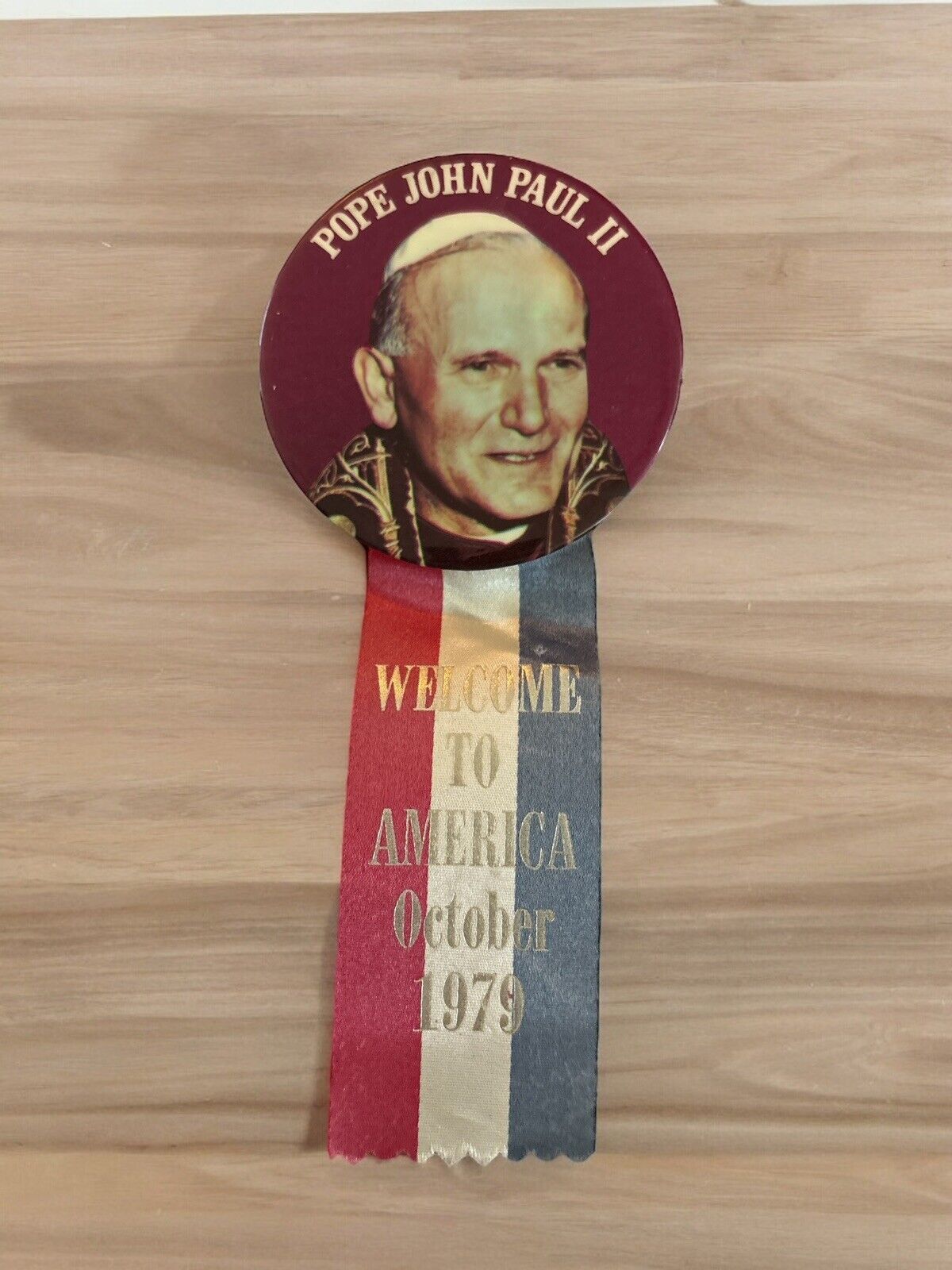 VINTAGE POPE JOHN PAUL II - WELCOME TO AMERICA BUTTON RIBBON 3” OCTOBER 1979