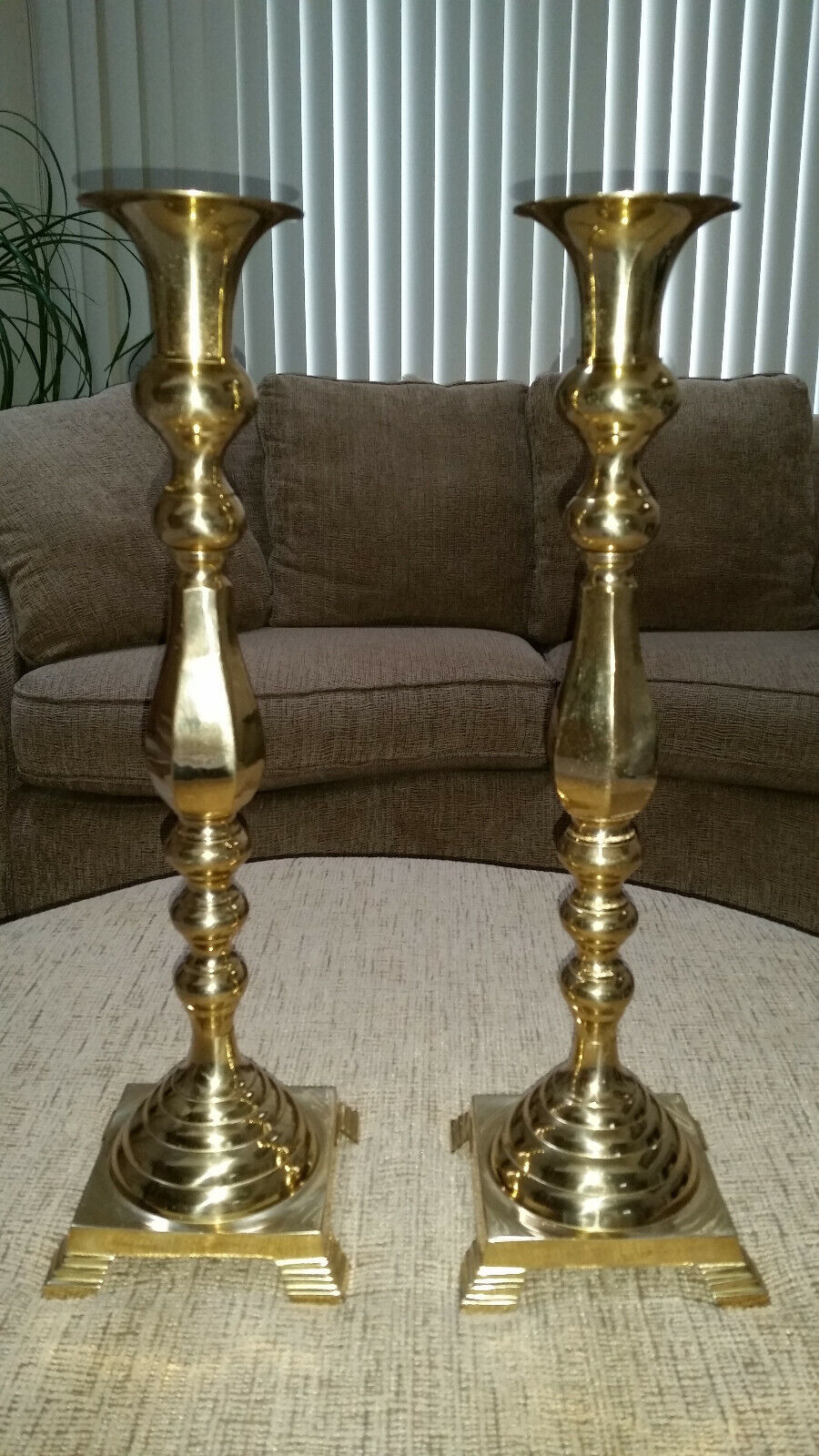 Vintage Brass Altar Candlesticks w/ Sq Self Footed Bases & Knob Stems - 22\