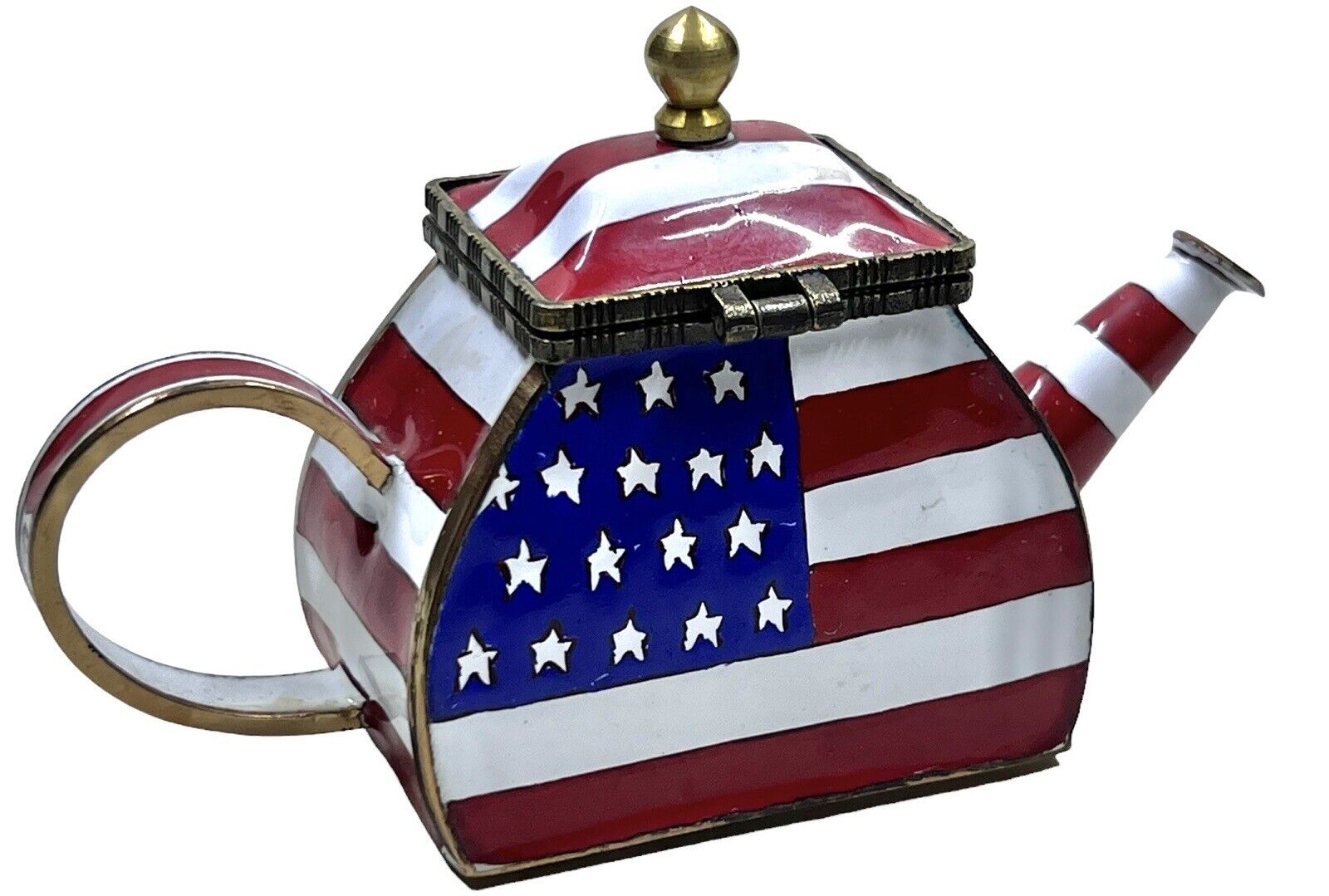 2001 Kelvin Chen Miniature Teapot Trinket Box God Bless America Flag #3174