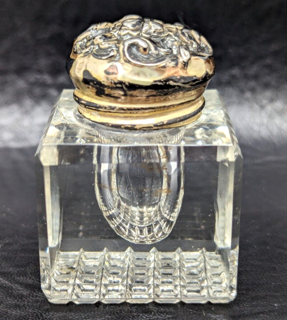 Antique Art Nouveau Floral Sterling Silver Screw Lid Cut Glass Cube Inkwell A24