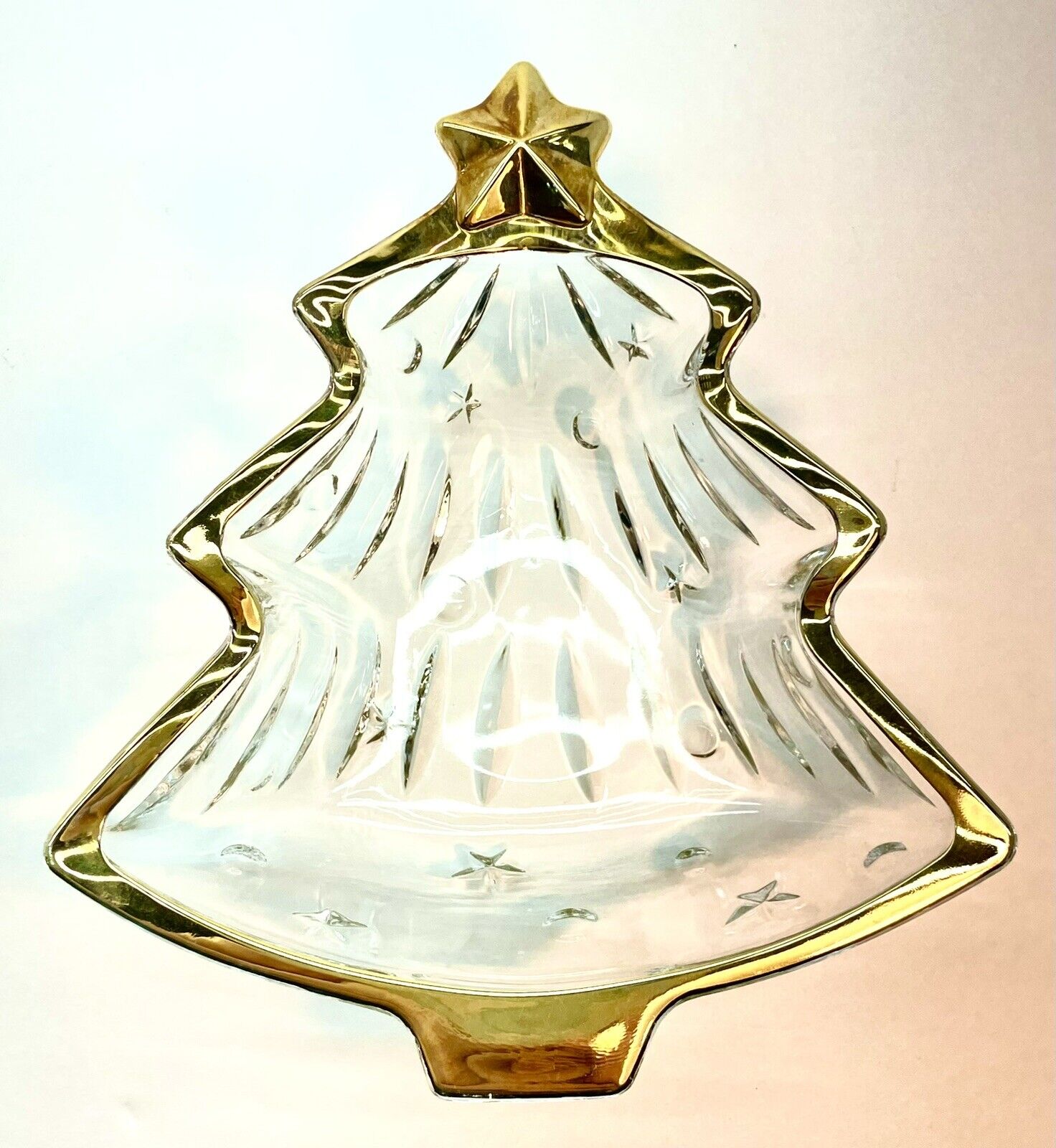 Vintage Mikasa Crystal Dish Christmas Tree With Star Gold Trim 6\