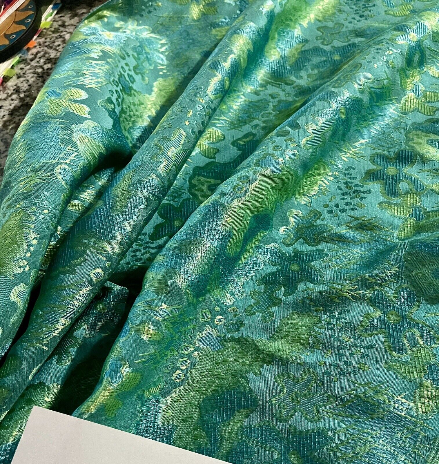 Rare Vintage Teal Brocade Ocean Flower 50s Upholstery Fabric By Yard
