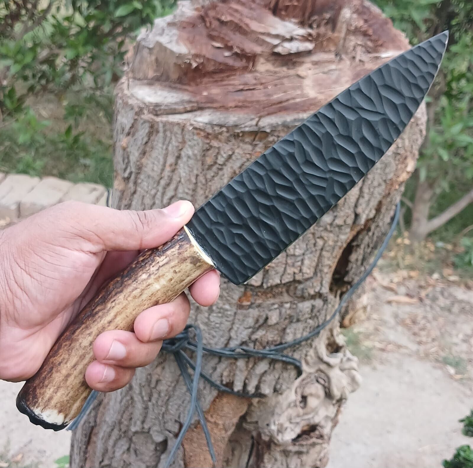 Custom Hand Forged Black Coated D2 Steel Blade Stag Horn Handle Hunting Knife