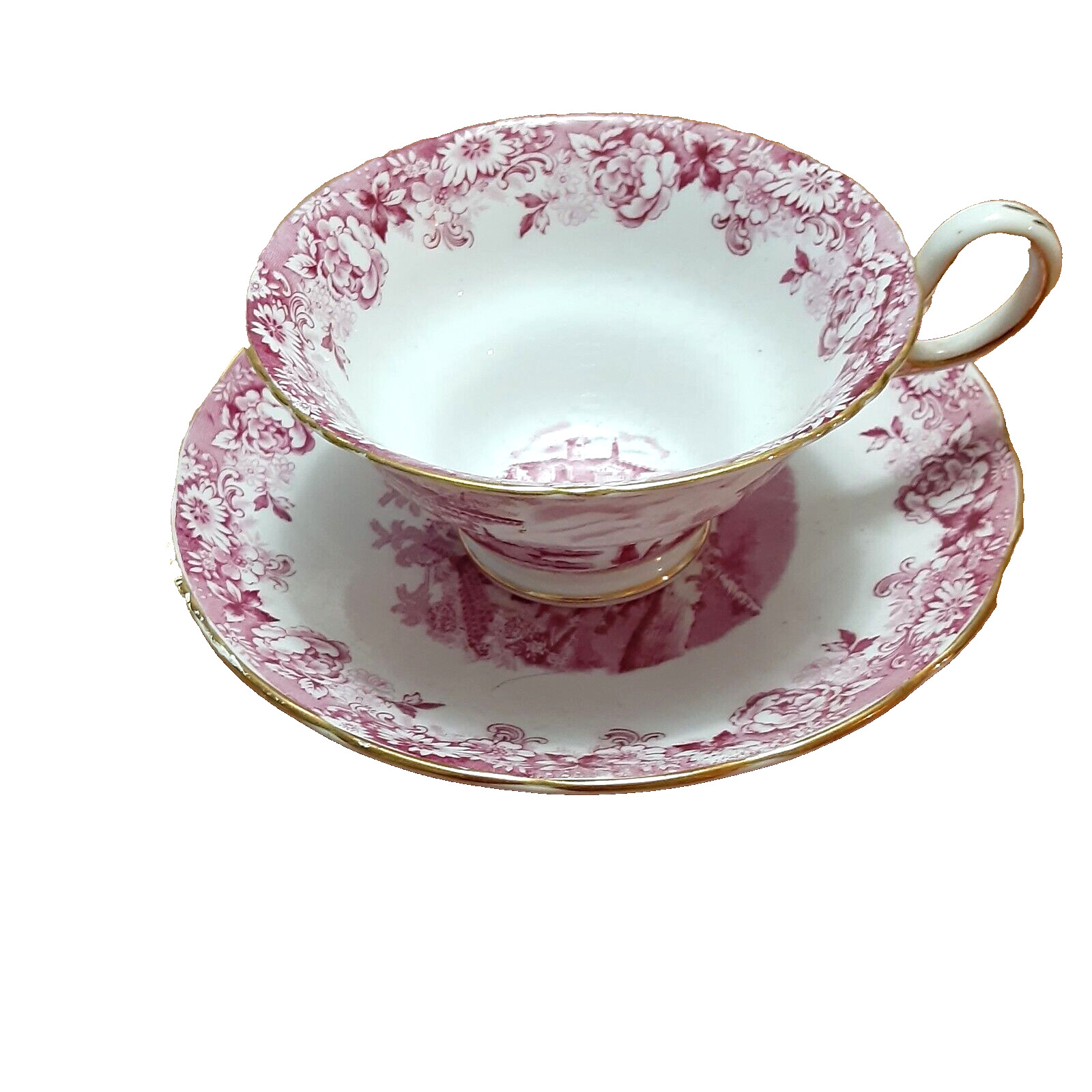 Antique rare Copelands Grosvenor raspberry pink teacup saucer transferware