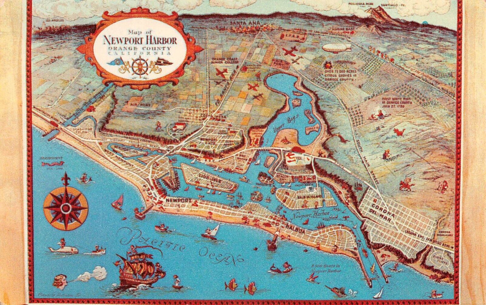 NEWPORT HARBOR, Orange County CA ~ ILLUSTRATED MAP Cartograph 1954 Postcard
