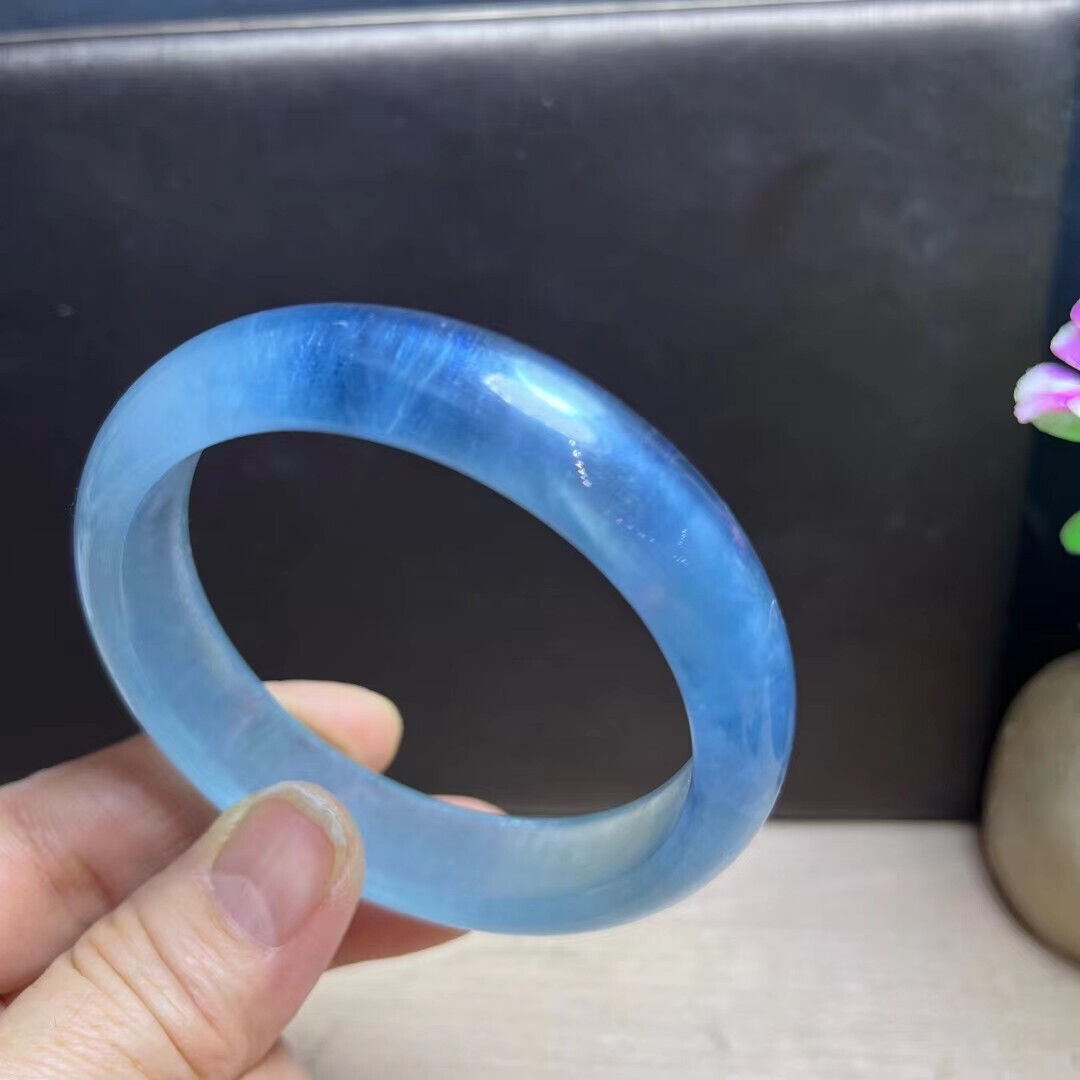 55mm Natural Blue Aquamarine Crystal Gemstone Bangle Bracelet Handmade