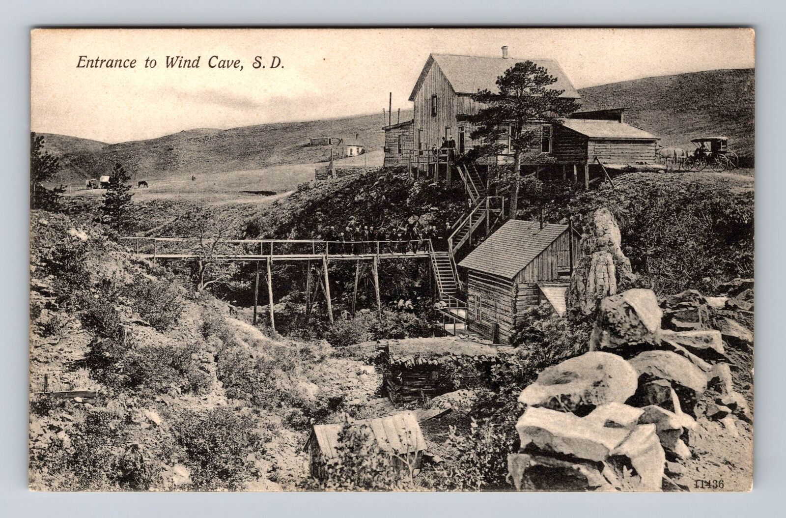 Wind Cave SD-South Dakota, Panoramic to Entrance to Wind Cave Vintage Postcard