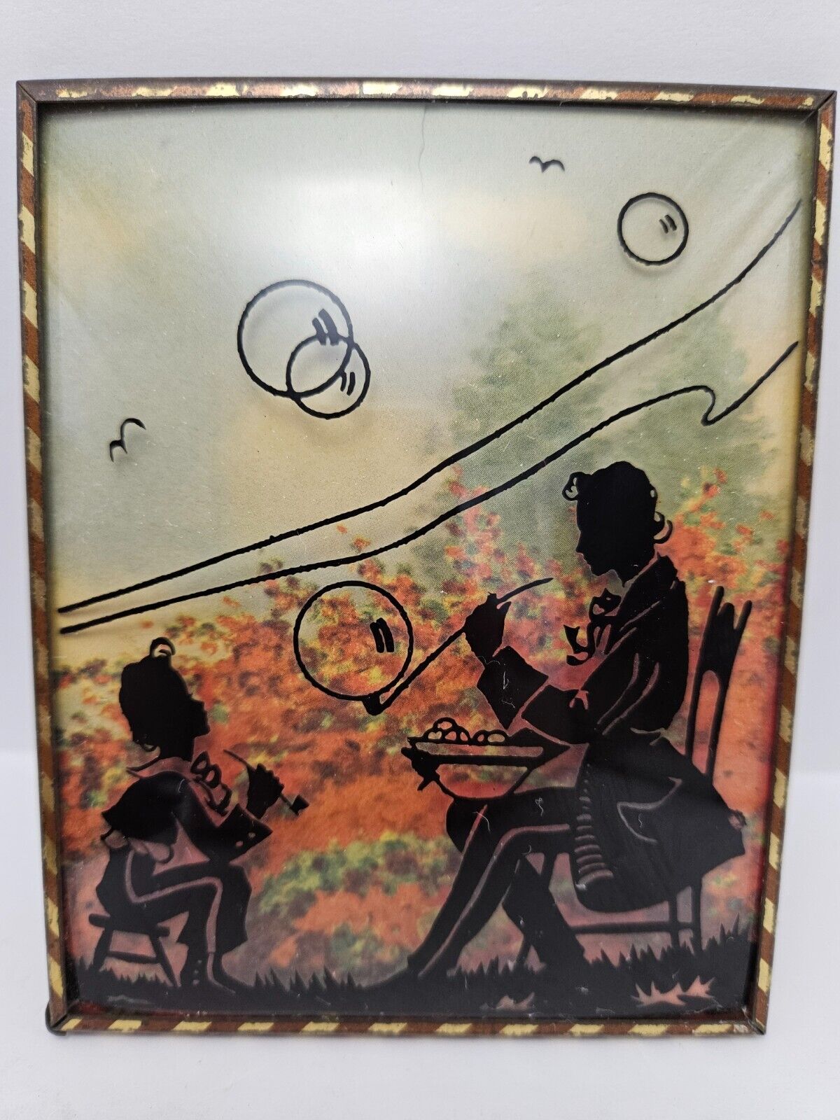 Vintage Convex Silhouette Reverse Paint Picture Man & Boy Blowing Bubbles 4 x 5