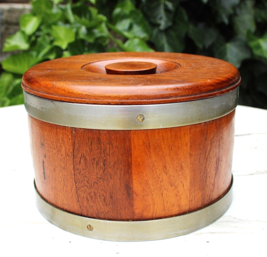 60s Scandinavian Danish Teak Wooden Bucket with Steel Straps MCM