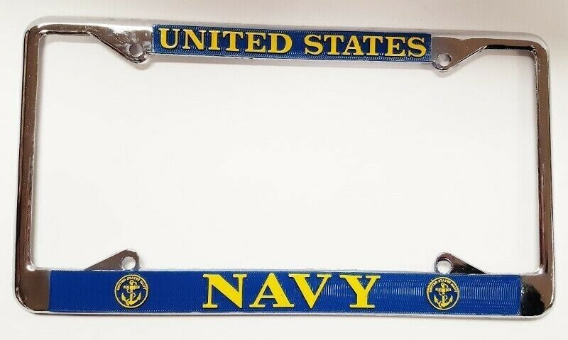 UNITED STATES NAVY MILITARY CHROME METAL, BLUE & YELLOW LICENSE PLATE FRAME F52