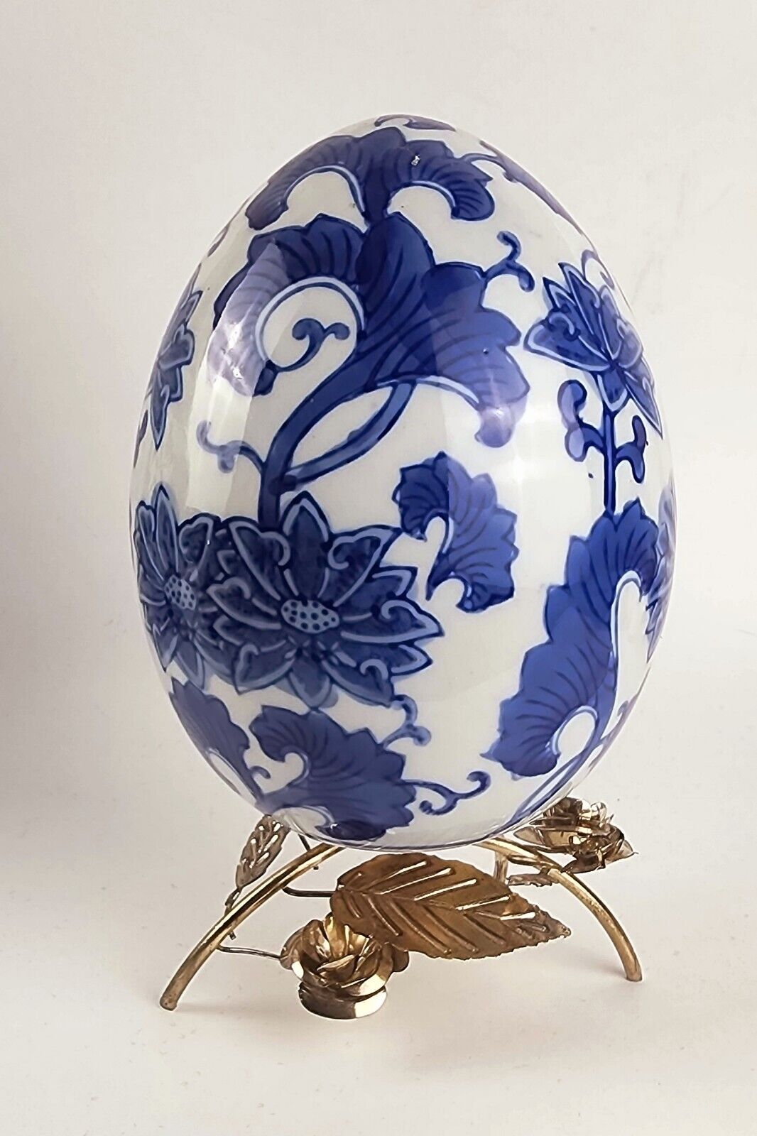 Large Blue and White Decorative Egg, Blue Flowers, 6