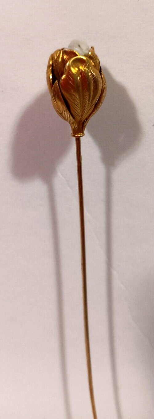 Art Nouveau 9ct Gold Hatpin Flower Bud Leaves MOP Mother of Pearl Tulip Antique