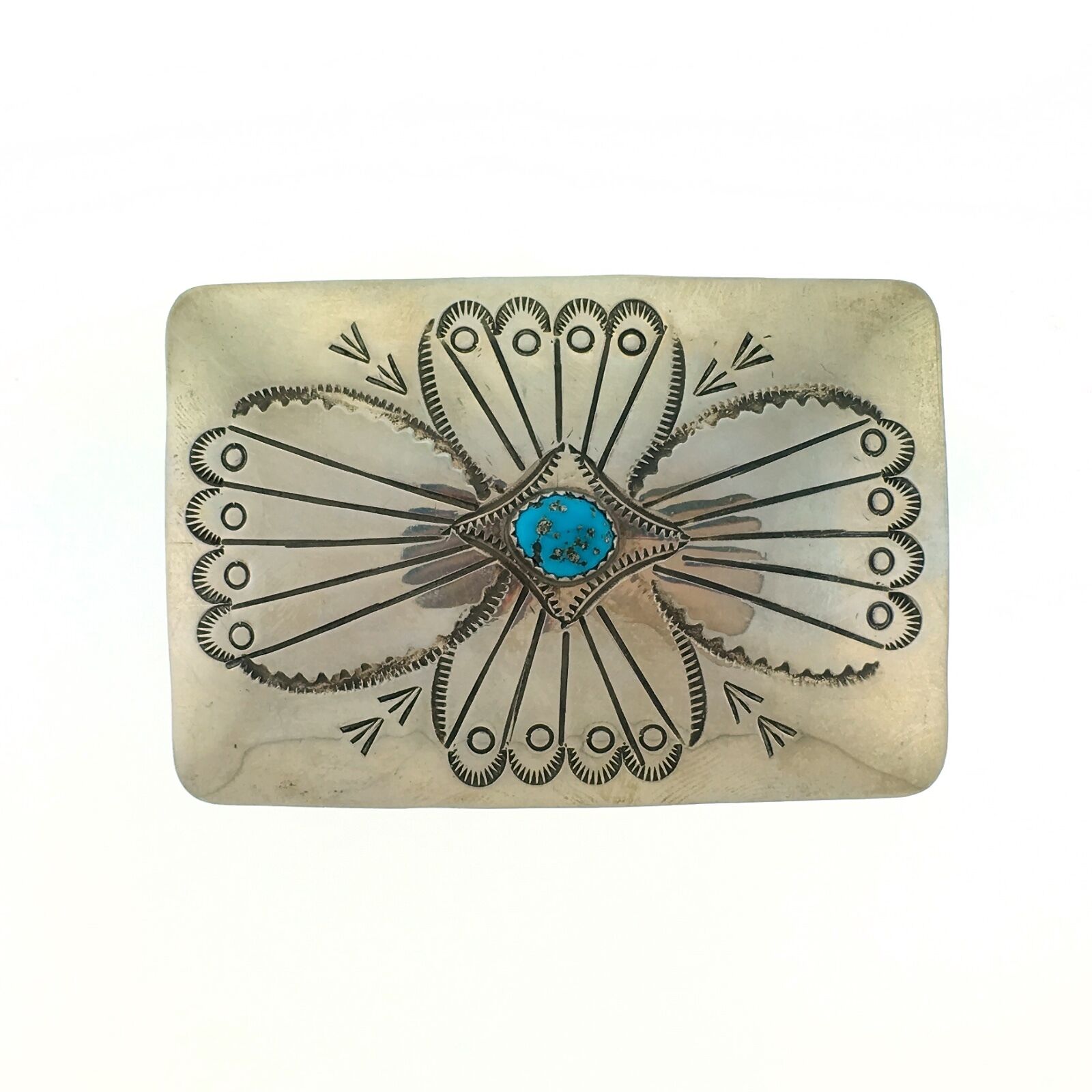 Native American Lightweight Sterling Silver Turquoise Hand Stamped Belt Buckle