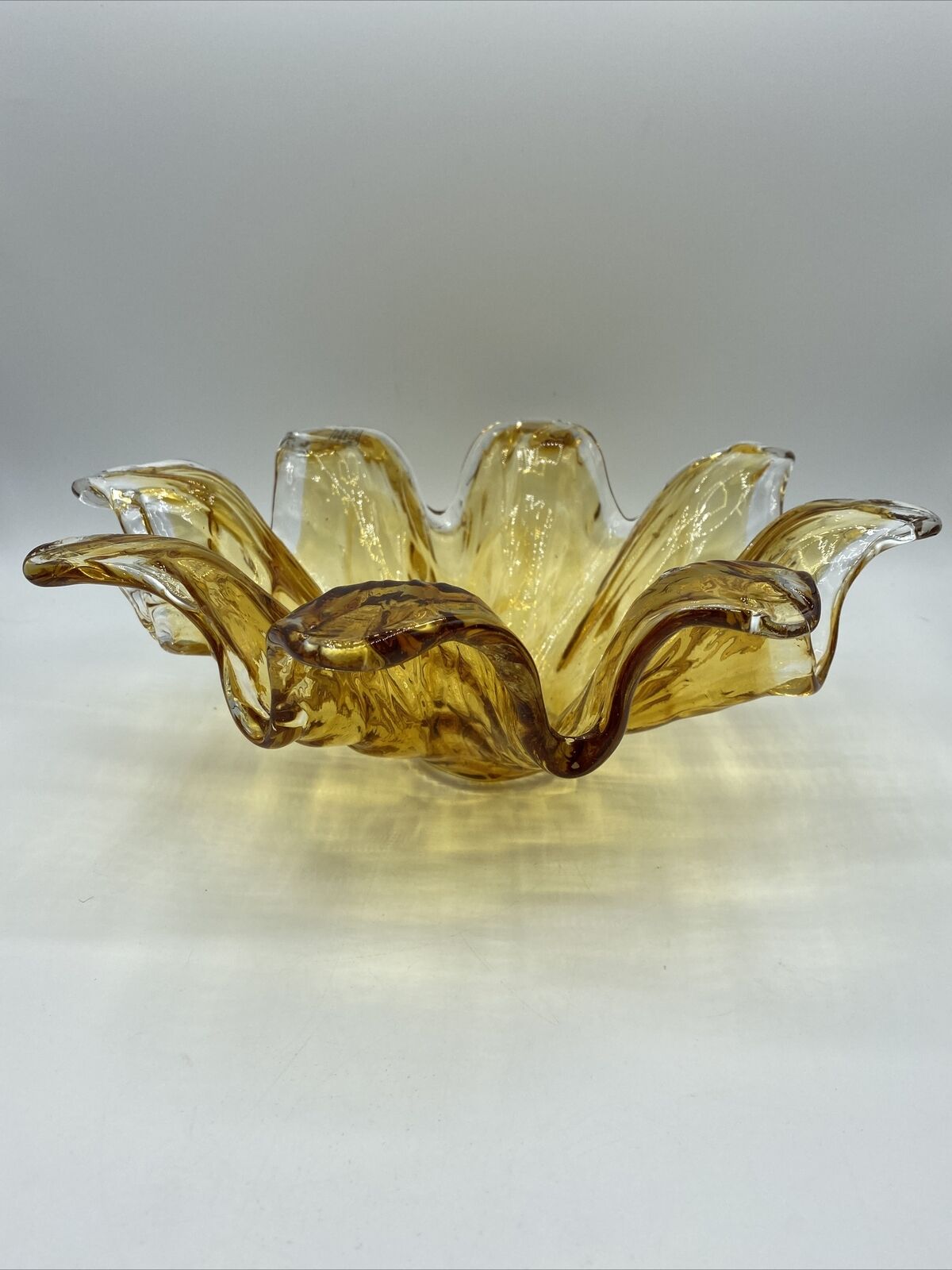Vintage Murano Large  Amber Glass Centerpiece Bowl Flower Ruffled Design