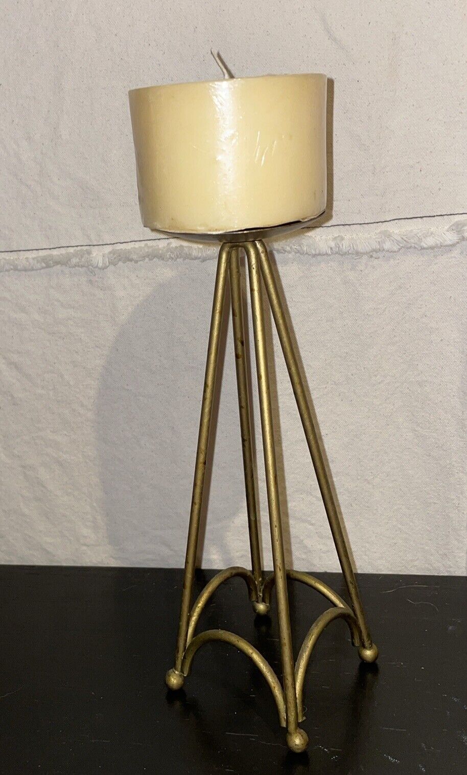 Vintage MCM 8.5” Brass Four Leg  Candle Holder with New Cream Candle 2”