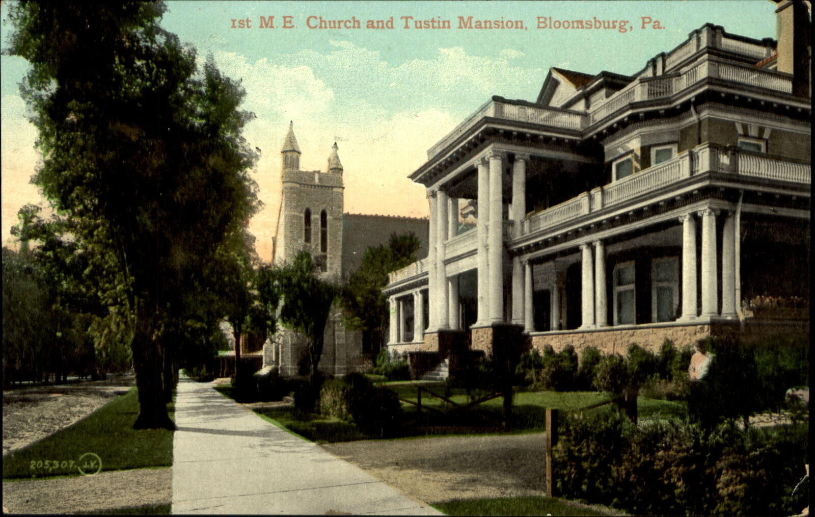 First M.E. Church & Tustin Mansion Bloomsburg PA~1908 to G. Stimmel SELLERSVILLE