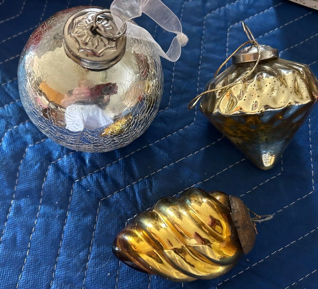 Lot 3 HEAVY GLASS KUGEL STYLE CHRISTMAS ORNAMENTS- 2 Silver And 1 Gold
