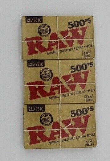 3X RAW CLASSIC ROLLING PAPERS 1 1/4 500s EACH PACK HAS 500 SHEETS 1500 IN TOTAL