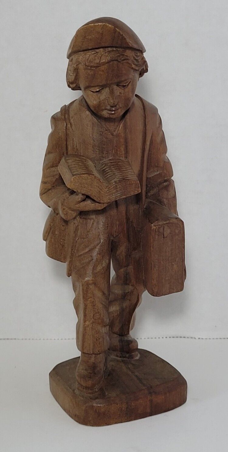 Vintage Carved Wooden Figurine Boy Reading Book Statue Scholar Student Figure