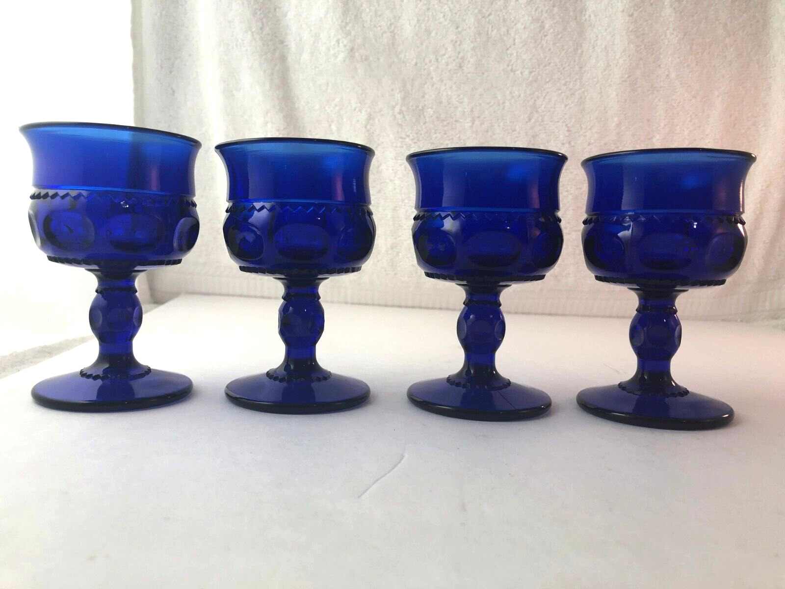 4 Indiana Glass Kings Crown Thumbprint Cordial Goblet Cobalt Blue 4 1/8” Tall