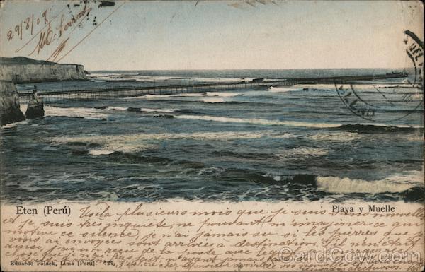Peru Eten Playa y Muelle Eduardo Polack Postcard Vintage Post Card
