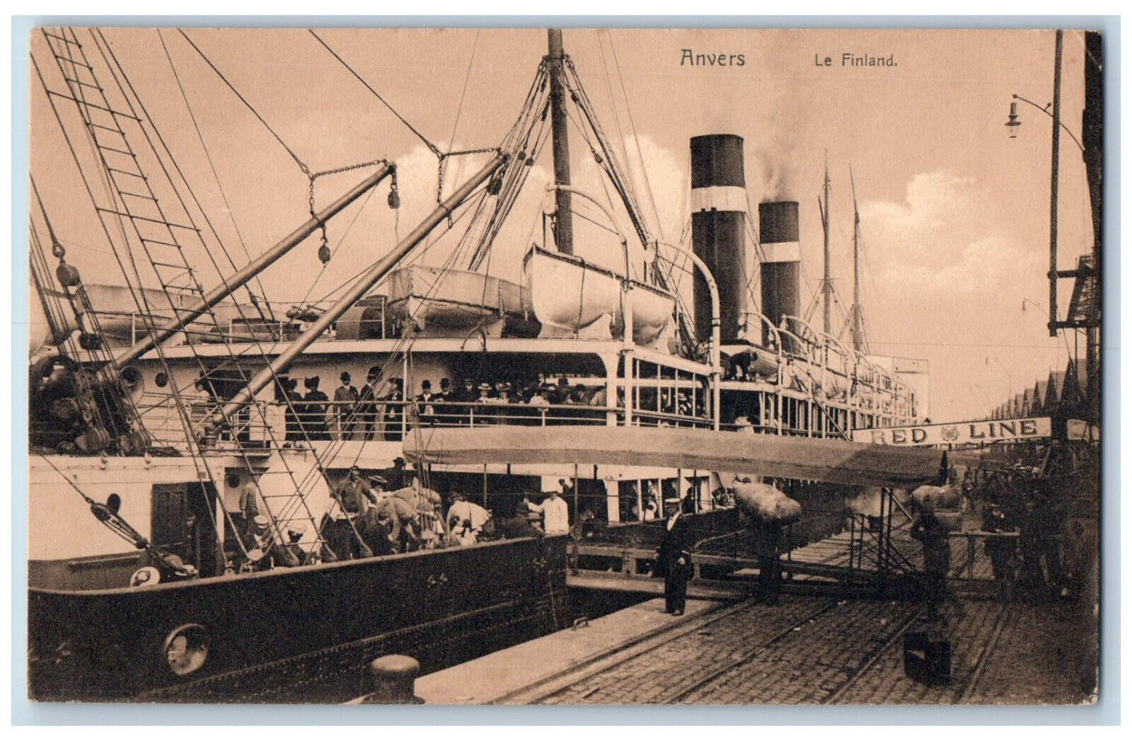 Antwerp Belgium Postcard Finland Steamship in Landing Carrying Passengers c1910