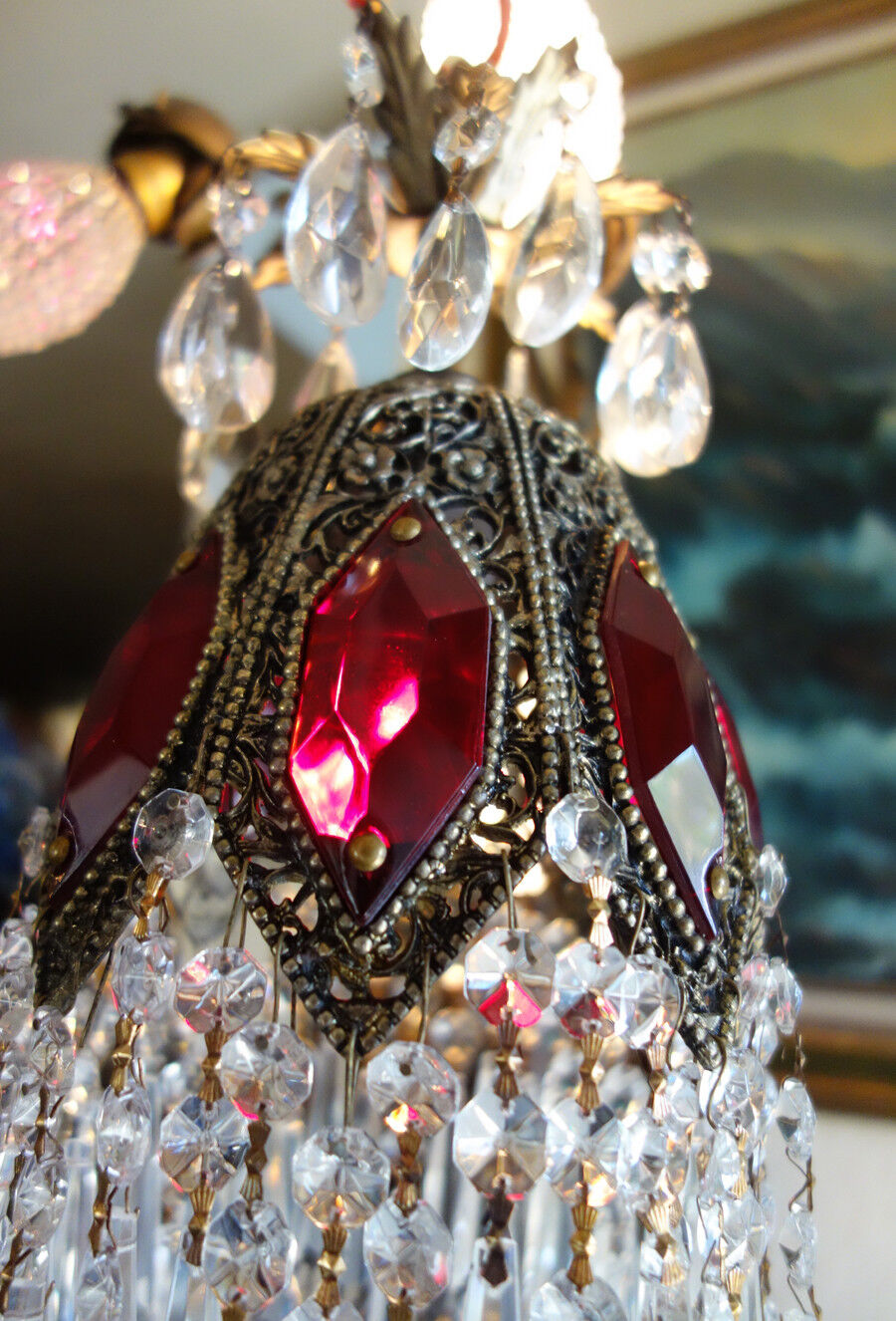 Ruby Jeweled Lily Filigree hollywood Regency SWAG Lamp Vintage Chandelier