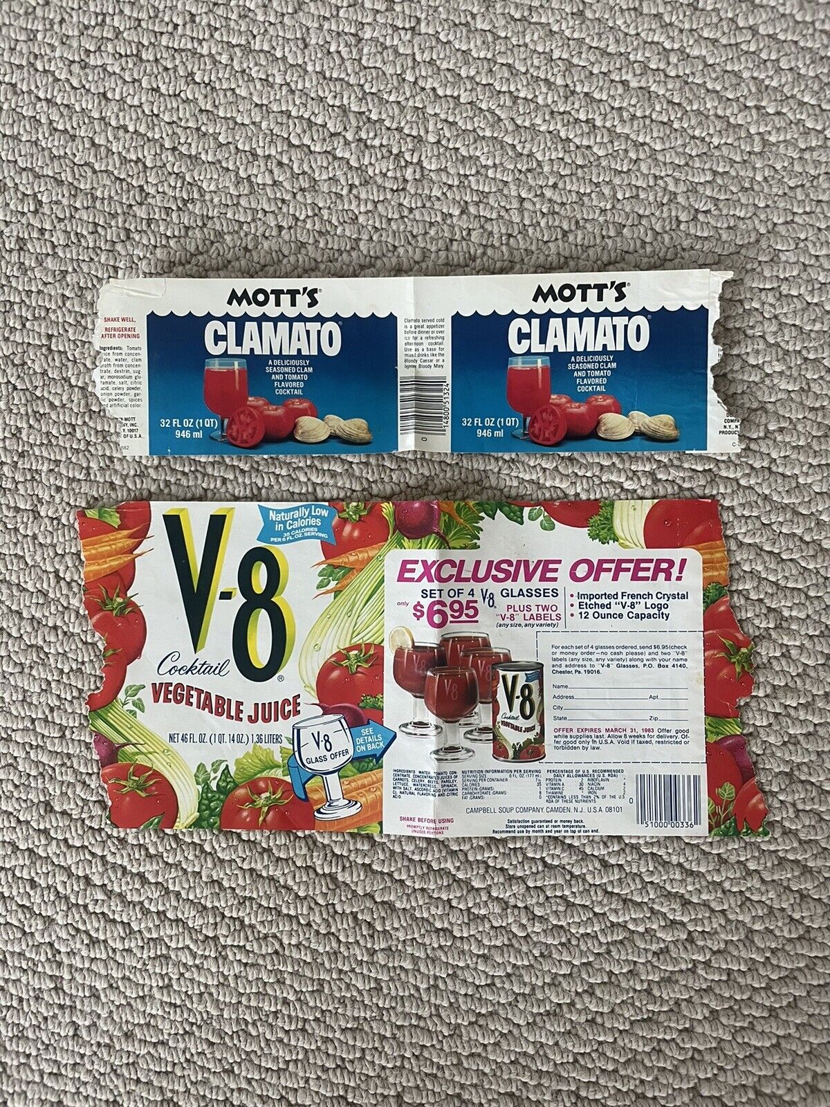 Vintage 1980s V-8 And Mott’s Clamato Labels