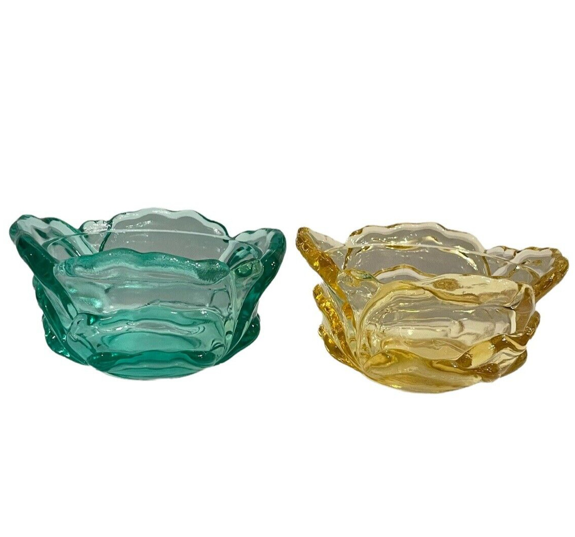2 Fenton Small Glass Cabbage Shaped Bowls Green and Yellow *Read*