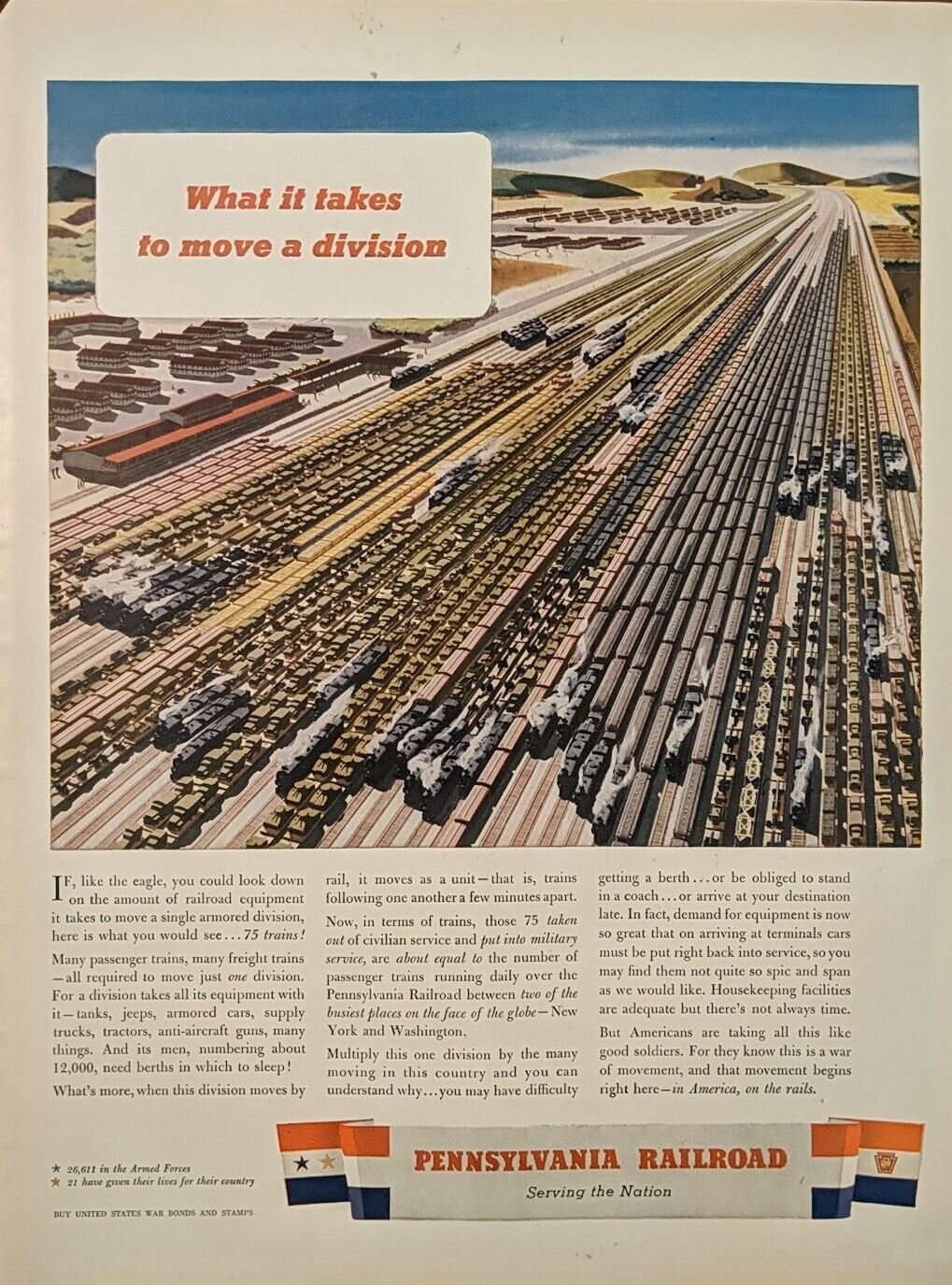 1943 Pennsylvania railroad print ad WW2 Moving An Army Division Hard Work